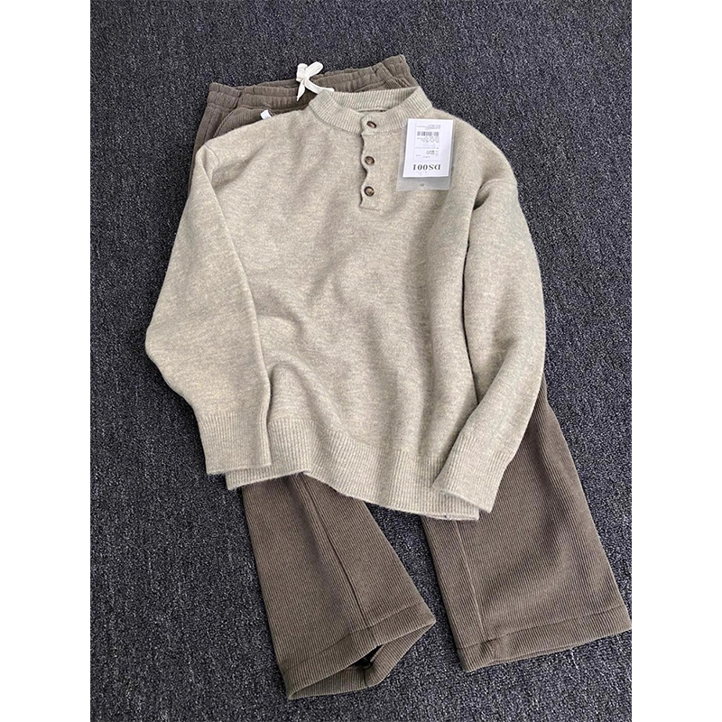 设计感灰色亨利领长袖毛衣男春秋慵懒高级感上衣宽松雅痞风针织衫