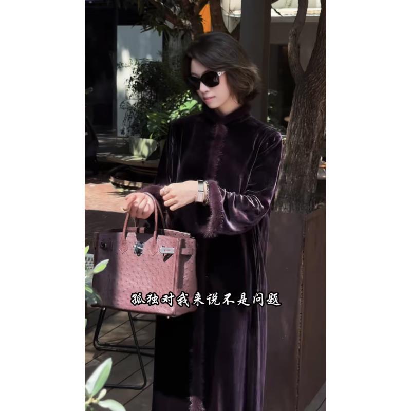 EV.【微醺雾紫】100%桑蚕丝绒简约水貂毛气质连衣裙EVZZ1119