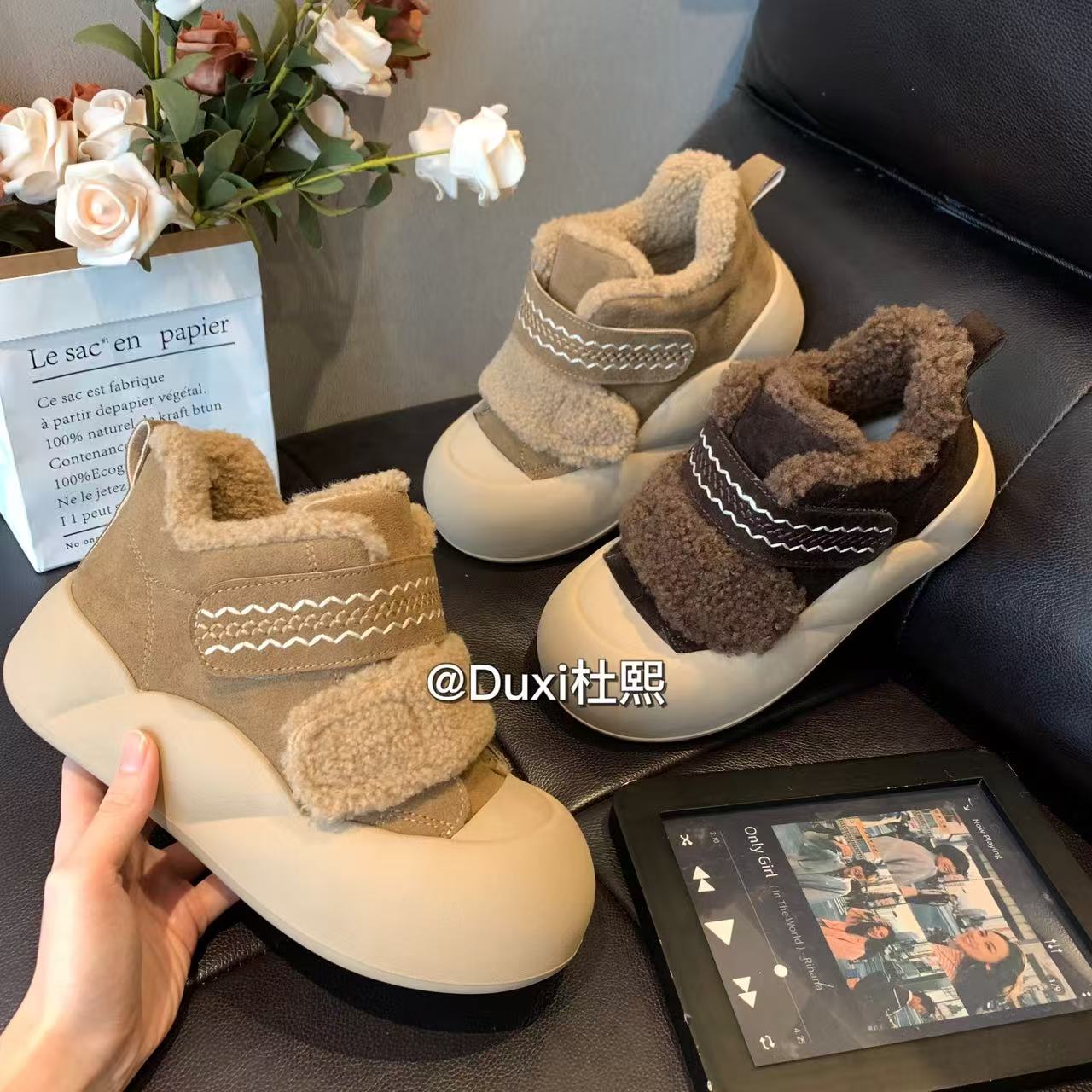 duxi/杜熙2025冬季新款厚底高帮魔术贴加绒加厚女鞋时尚百搭棉鞋
