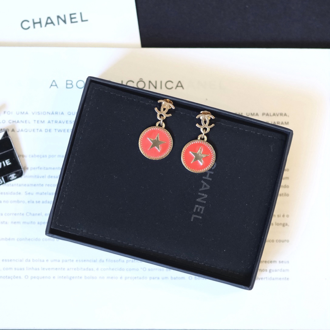 99新 Chanel/香奈儿 Chanel Vintage 红色圆盘五角星吊坠耳钉