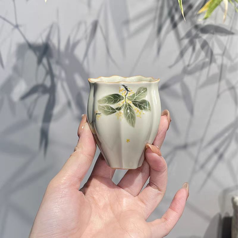 当代 丹桂草木灰手绘釉下彩陶瓷茶具花苞闻香主人杯