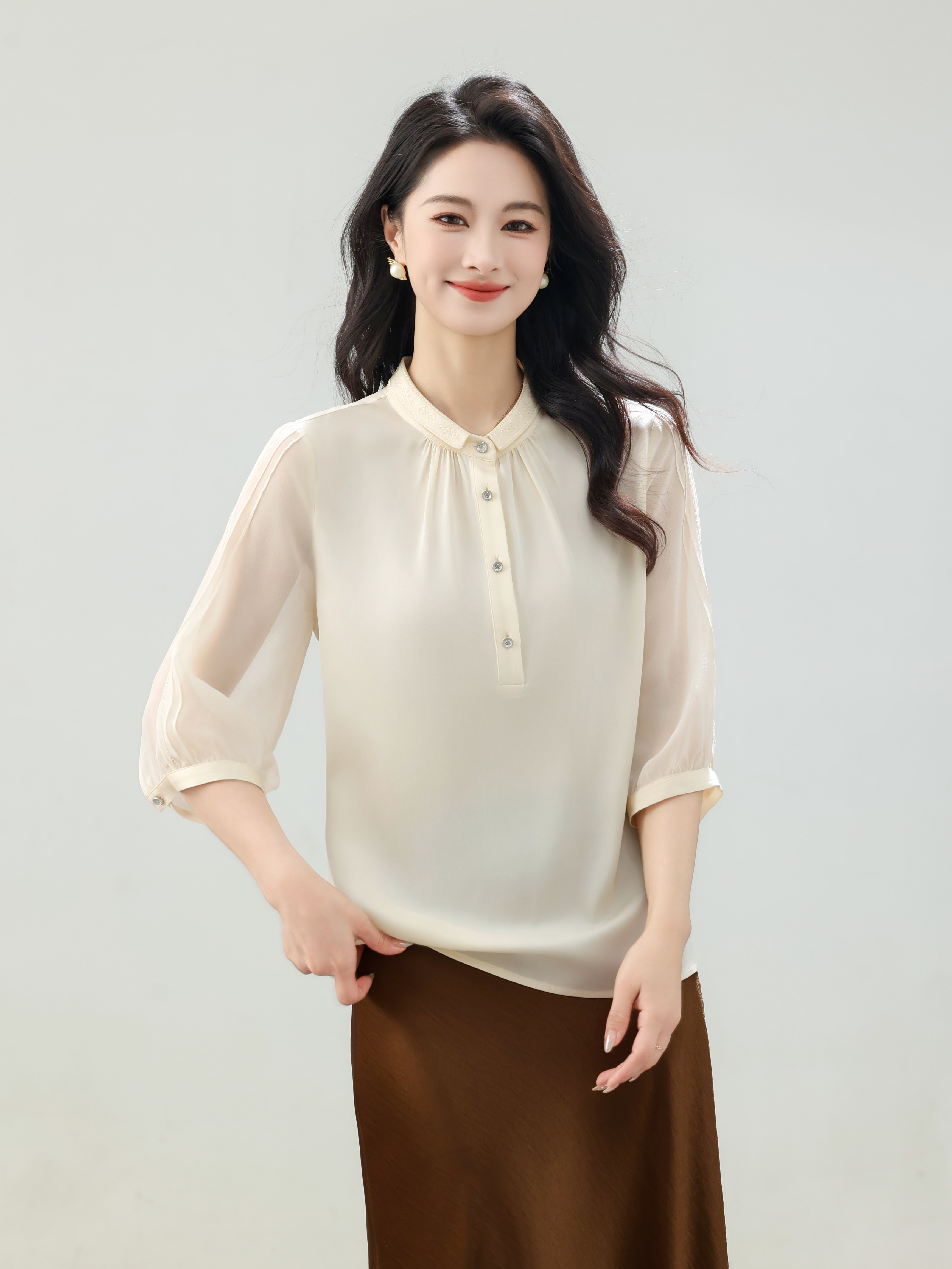 【金多多】七分袖真丝衬衫女时尚小翻领桑蚕丝上衣8K048