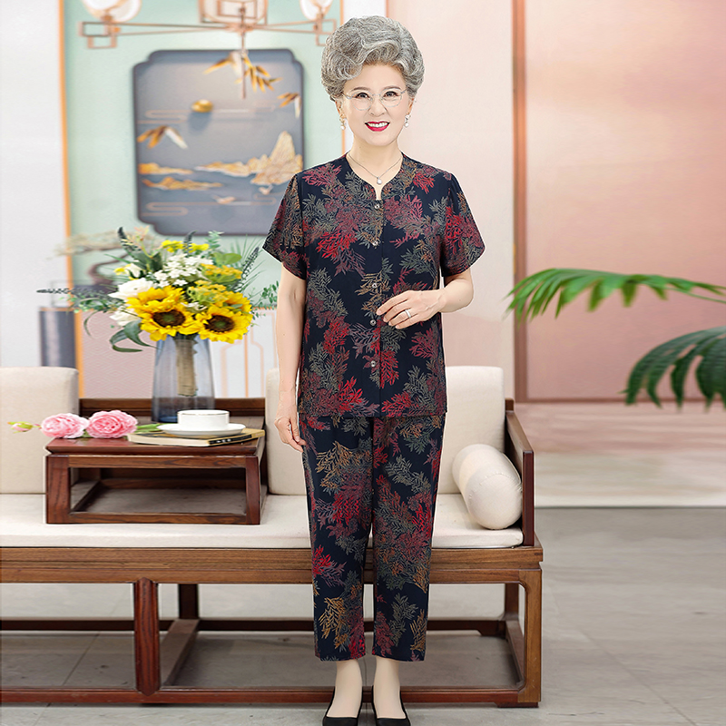 奶奶装绵绸睡衣女套装2025年新款短袖九分裤两件套妈妈休闲家居服