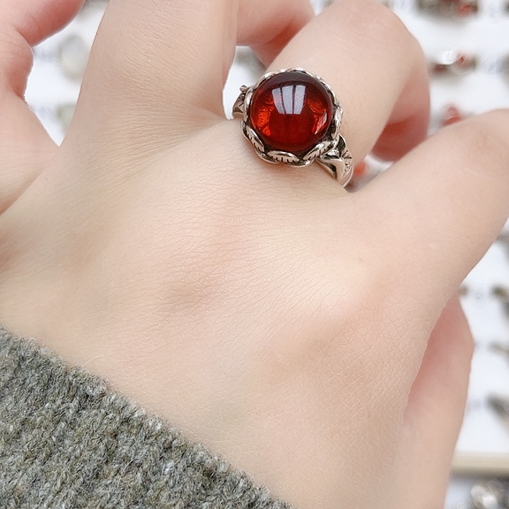 血珀戒指银S925镶嵌天然