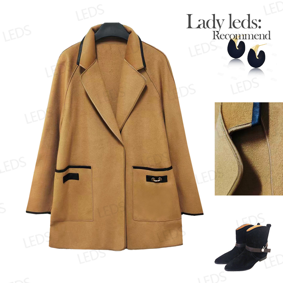 LEDS C2518秋冬简约轻奢翻领双面呢毛呢外套
