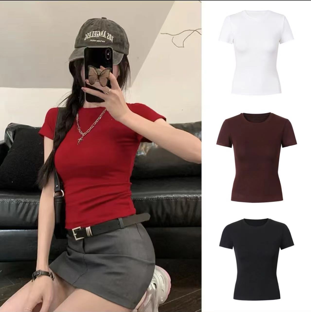 夏季百搭圆领短袖纯色显瘦修身t恤女显瘦白色紧身设计感短袖女t恤