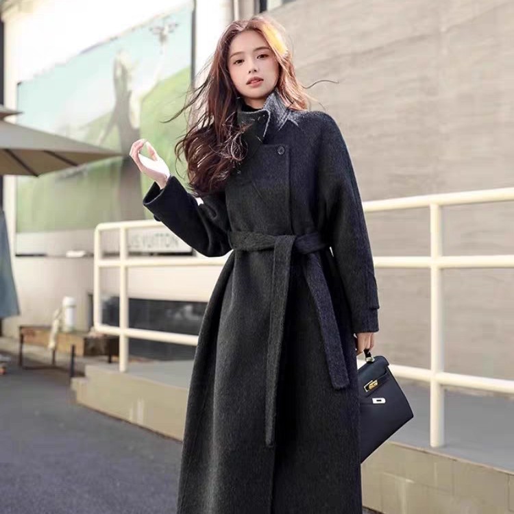 高端灰色秋冬新款赫本风长款羊毛呢外套