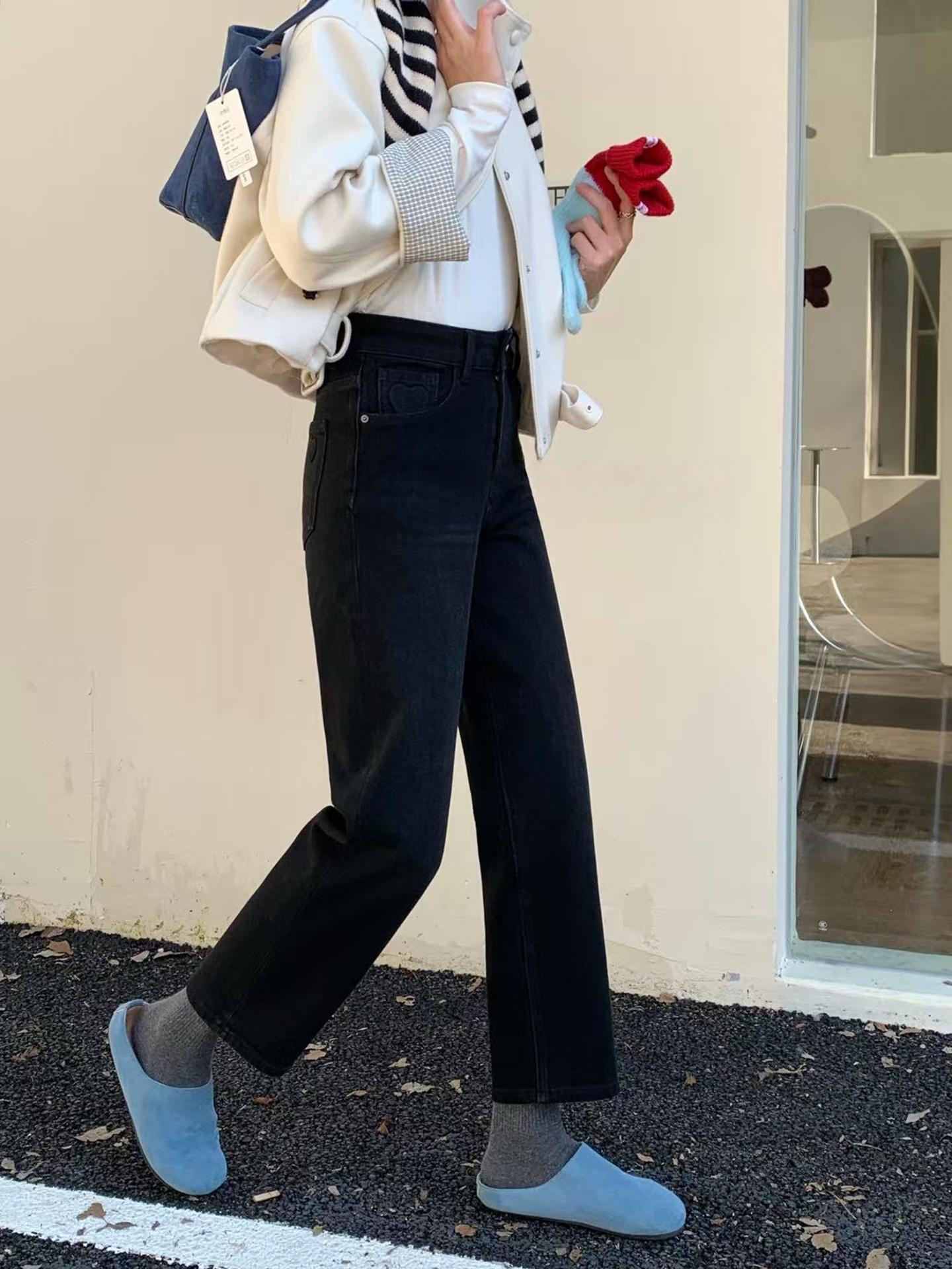 代-A9859（加绒）四面弹牛仔裤女2025高腰黑色特绒九分法棍裤