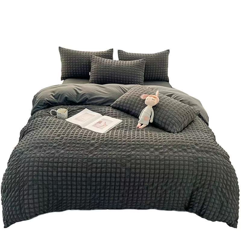 高级感泡泡纱四件套水洗棉床单被套黑灰简约现代床上用品