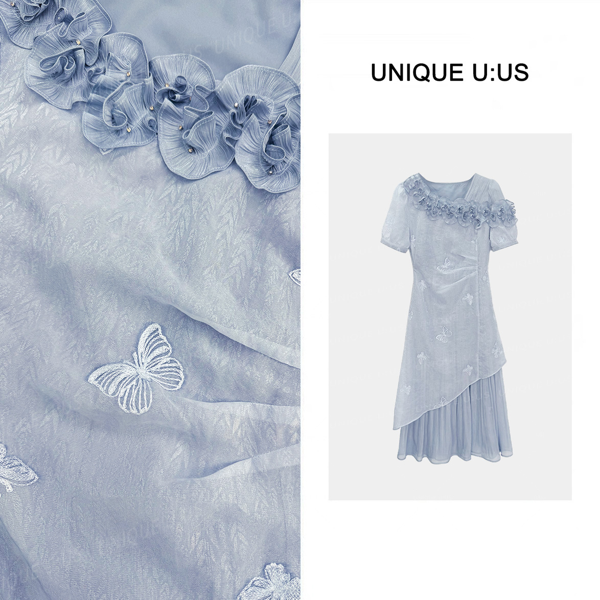 【林雪雪】冰蓝玫瑰气质设计师短袖夏季高腰显瘦重工连衣裙253190