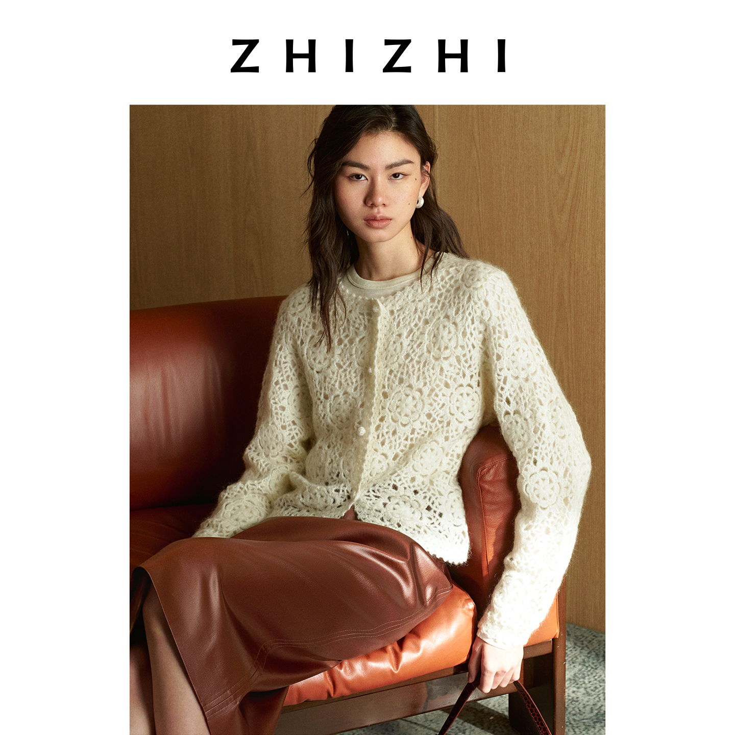 致知 望海潮 手钩花镂空马海毛圆领毛针织开衫26春ZZ2FSKGL010