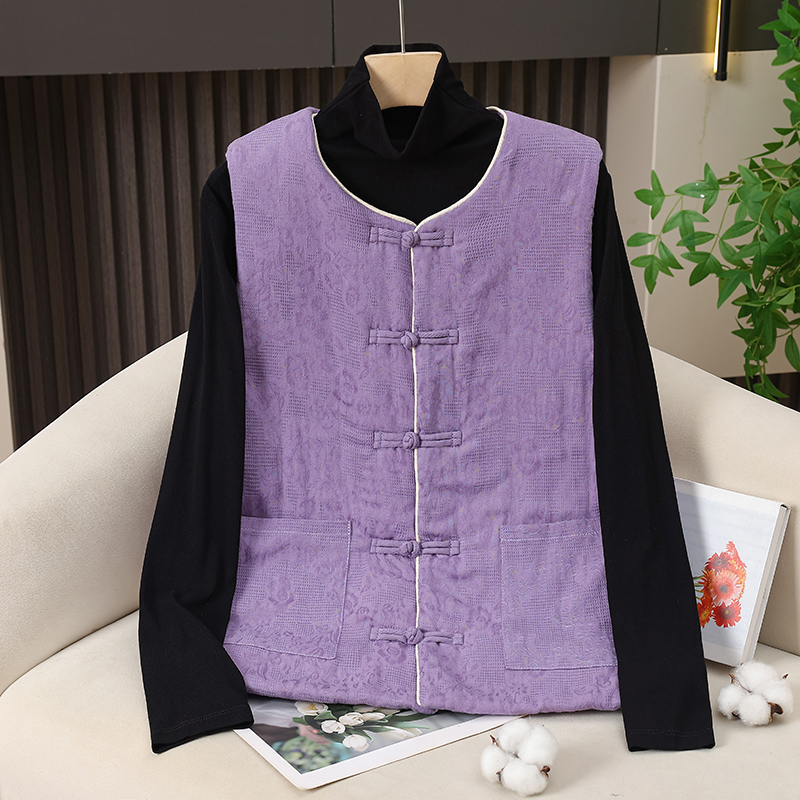 纯色提花减龄中式盘扣款女士马甲国风保暖上衣纯色加厚坎肩