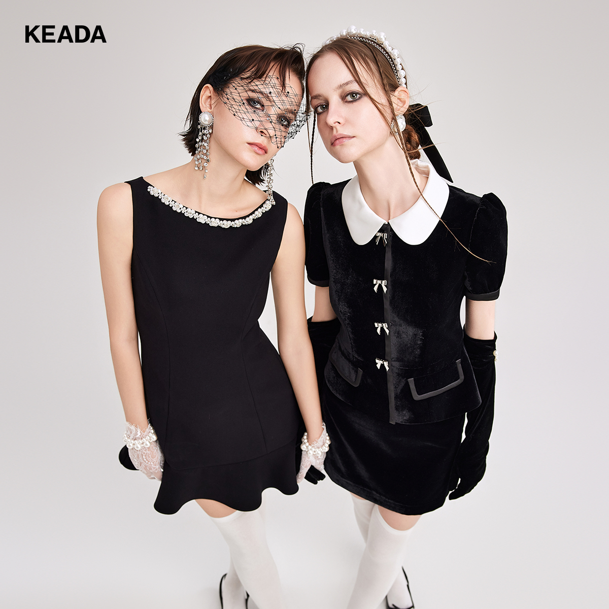 KEADA双层醋酸麻黑色无袖连衣裙赫本风显瘦收腰a字裙KSN3DR1155