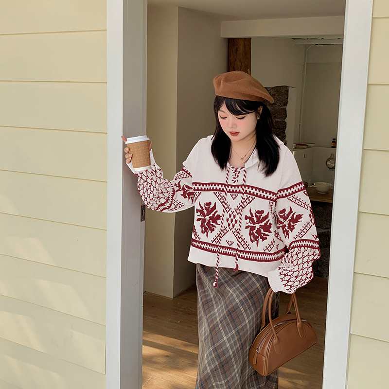 【霏霏推荐】秋季新款大码女装时尚提花连帽针织毛衣-F358