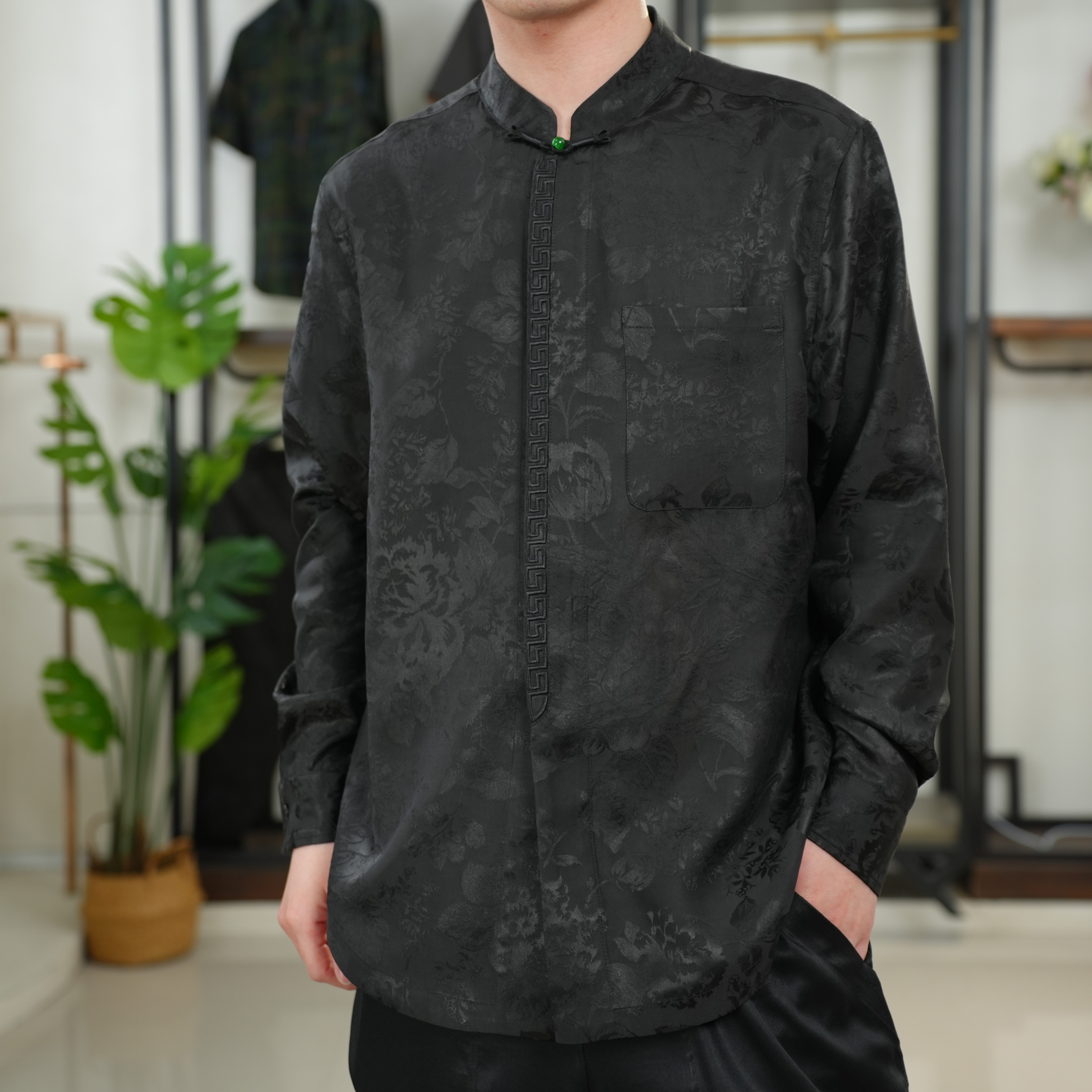 【墨韵藏锋】真丝桑蚕丝260克50姆米重磅皮子缎面暗纹提花春秋衬衫