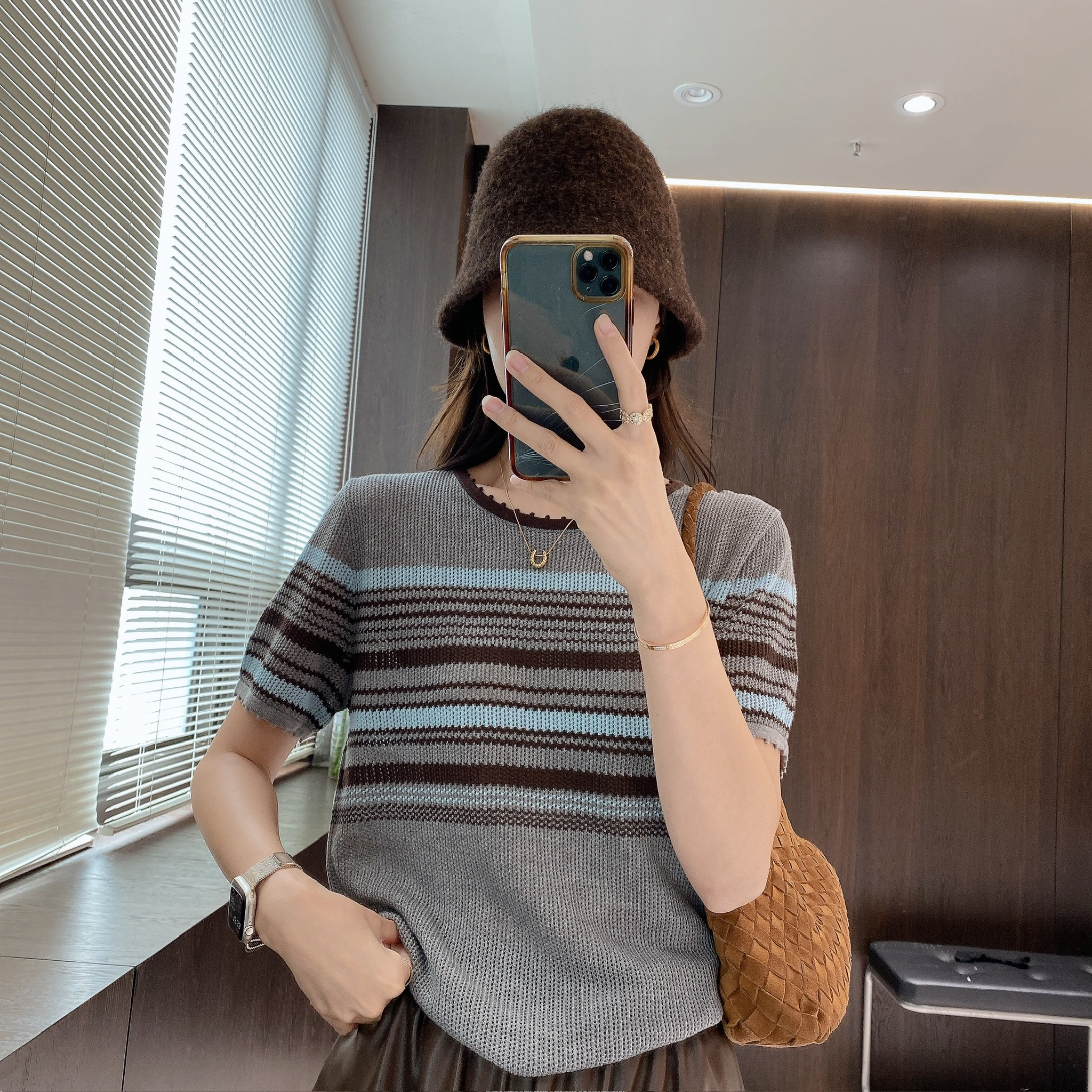 IMFLY金小金自制女装 针织衫DYW9672早秋复古圆领撞色条纹针织