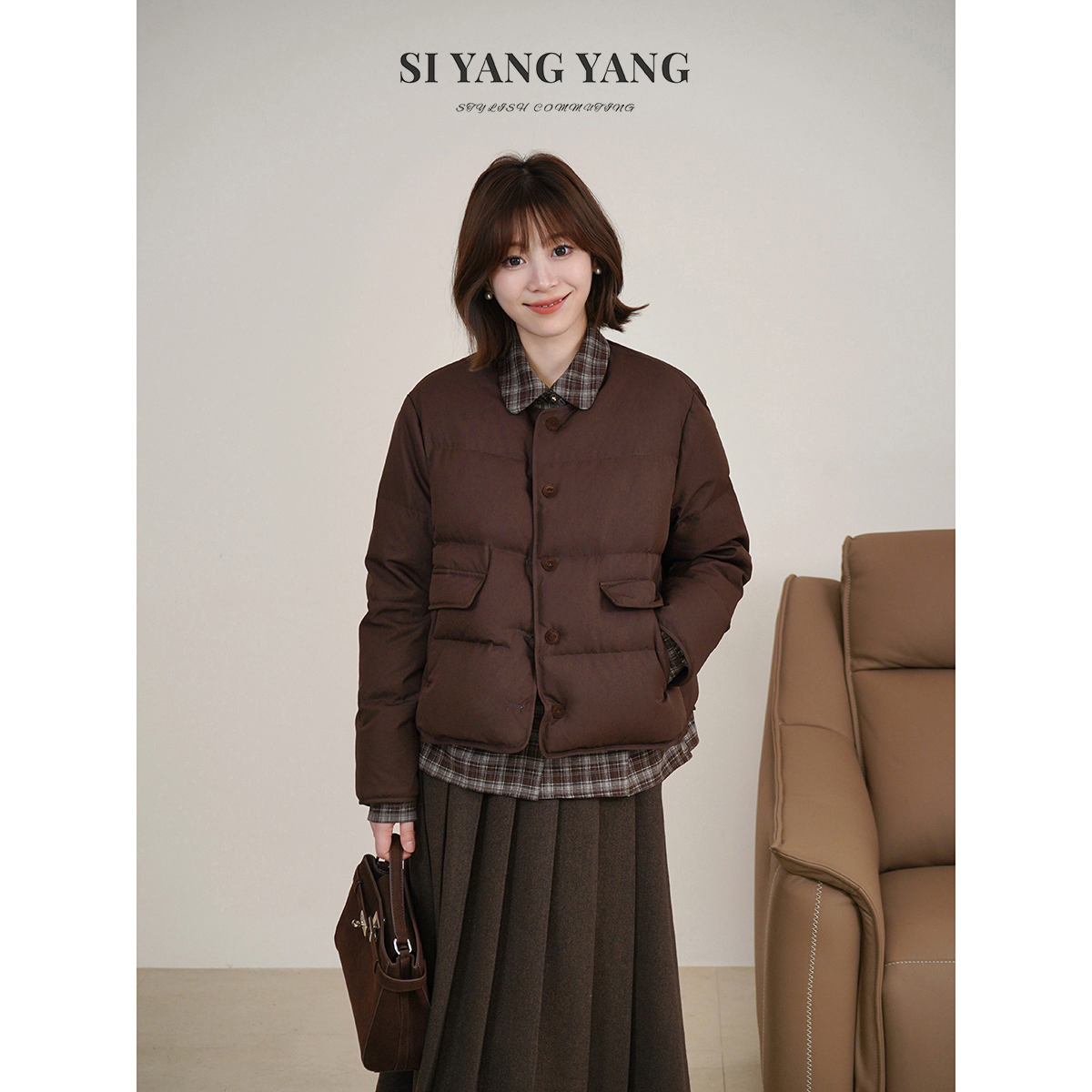 斯洋洋SIYANG冬季女款外套格纹拼接假两件设计羽绒服YR511A012SYY