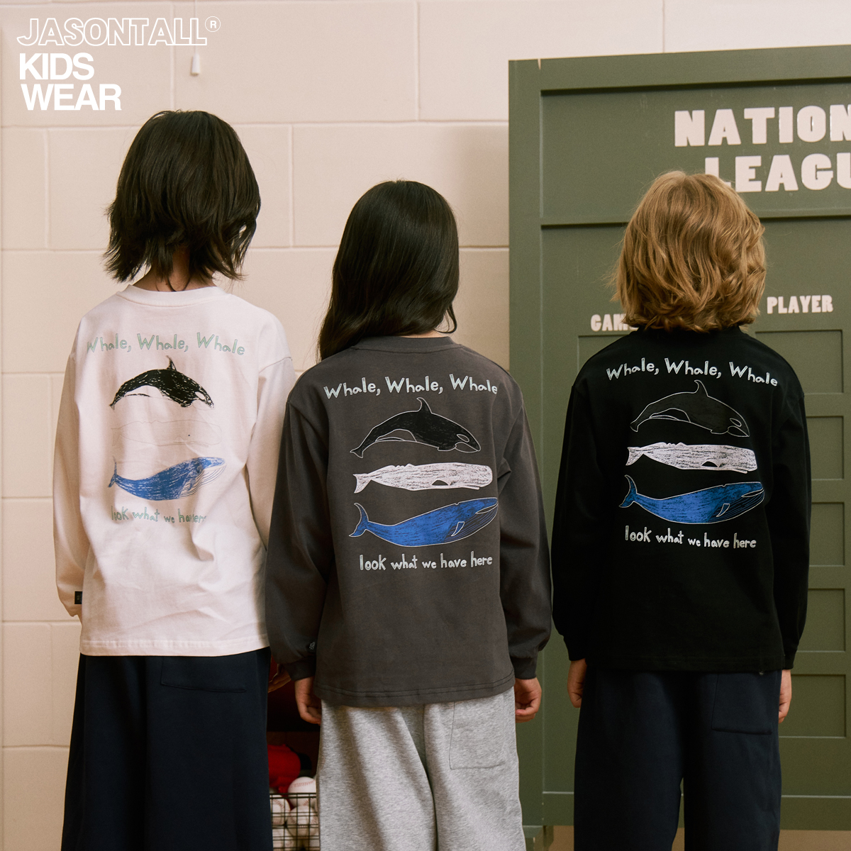 三色后背鲸鱼印花长袖基础打底T恤儿童上衣宽松男女童装春秋冬新