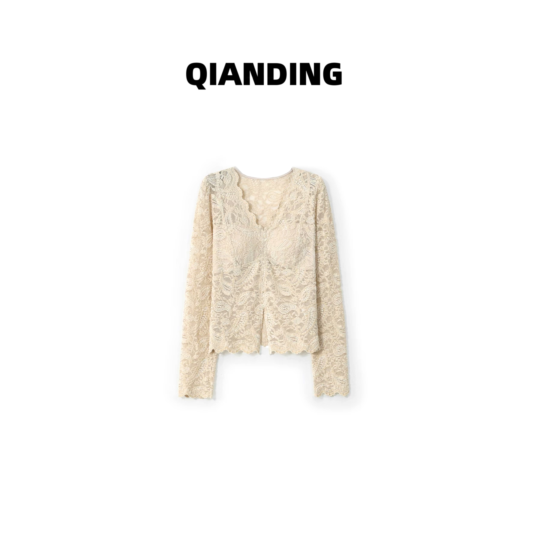 【QIANDING】【美杜莎（含胸垫）】浮雕蕾丝防凸点植绒显瘦休闲上衣F436