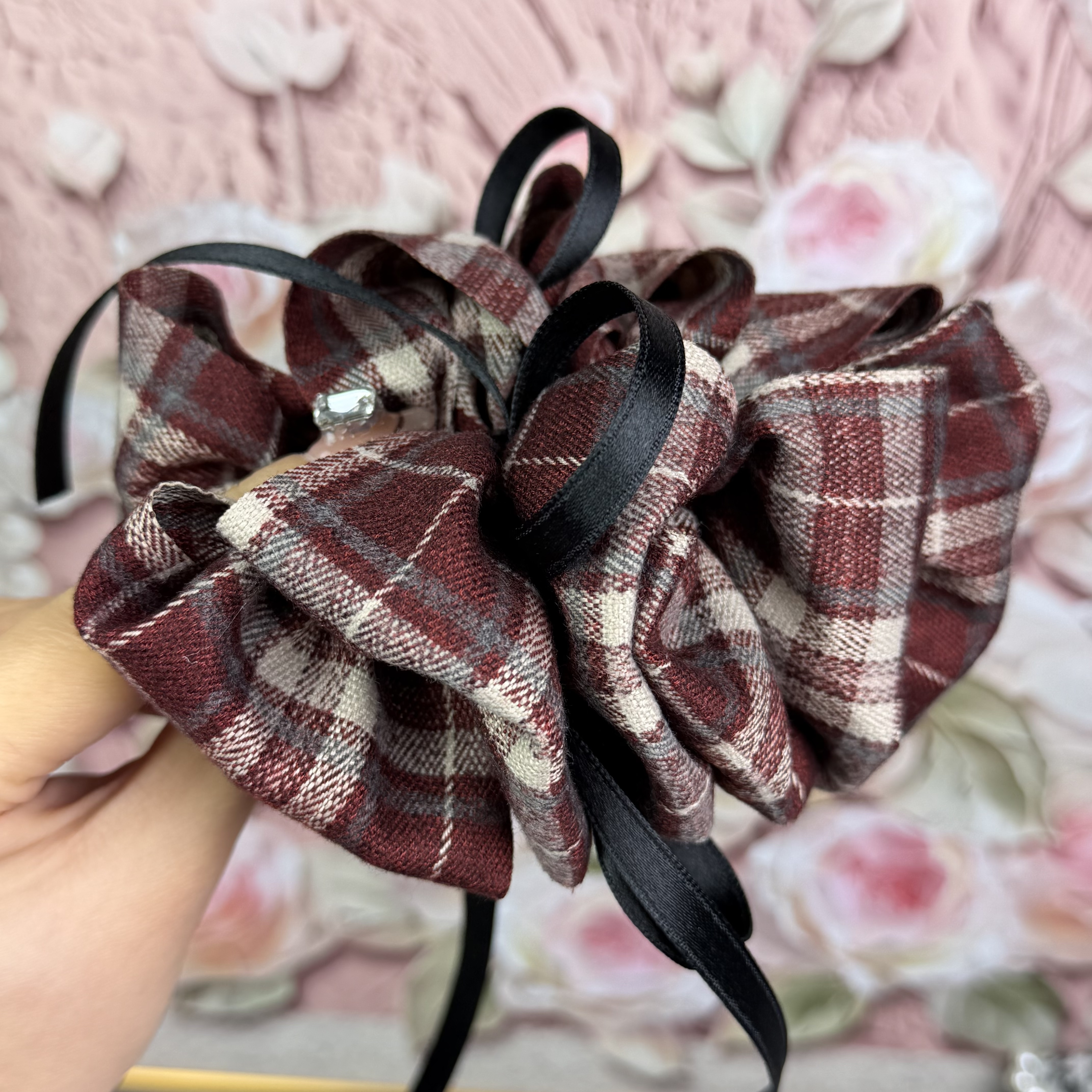 【晚茉饰品】甜心韩系复古格子云朵香蕉夹蝴蝶结飘带减龄学院马尾夹