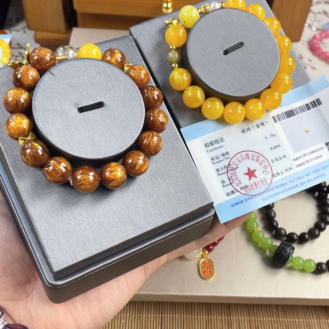 琥珀手饰银S925镀金镶嵌