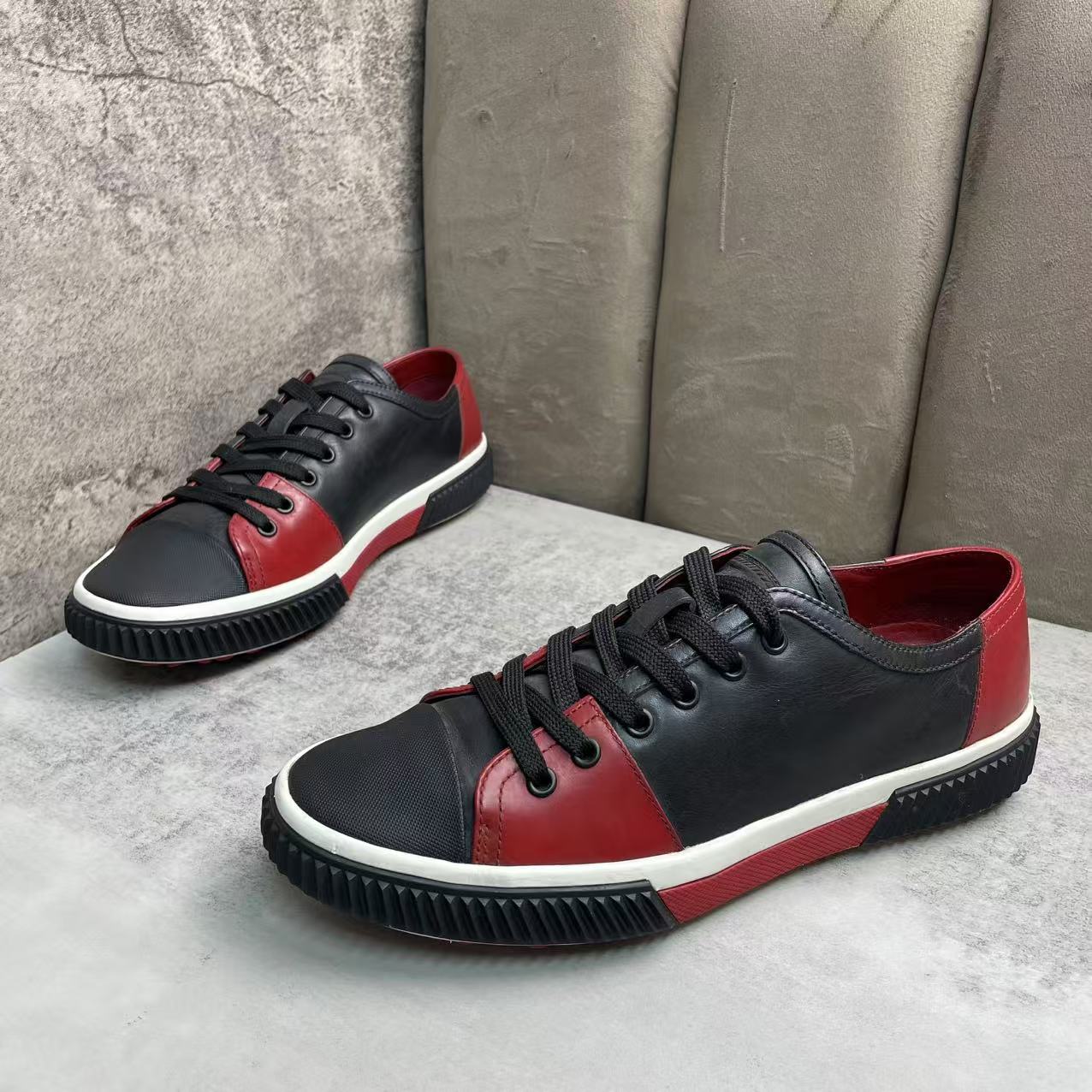 95新 Prada/普拉达 黑红色帆布皮革拼接百搭低帮板鞋/40码/96新