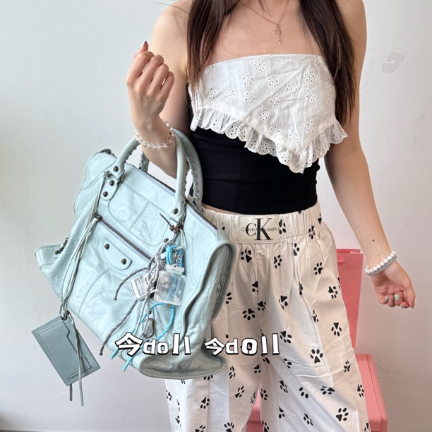 95新 Balenciaga/巴黎世家 Work45天蓝色机车单肩包