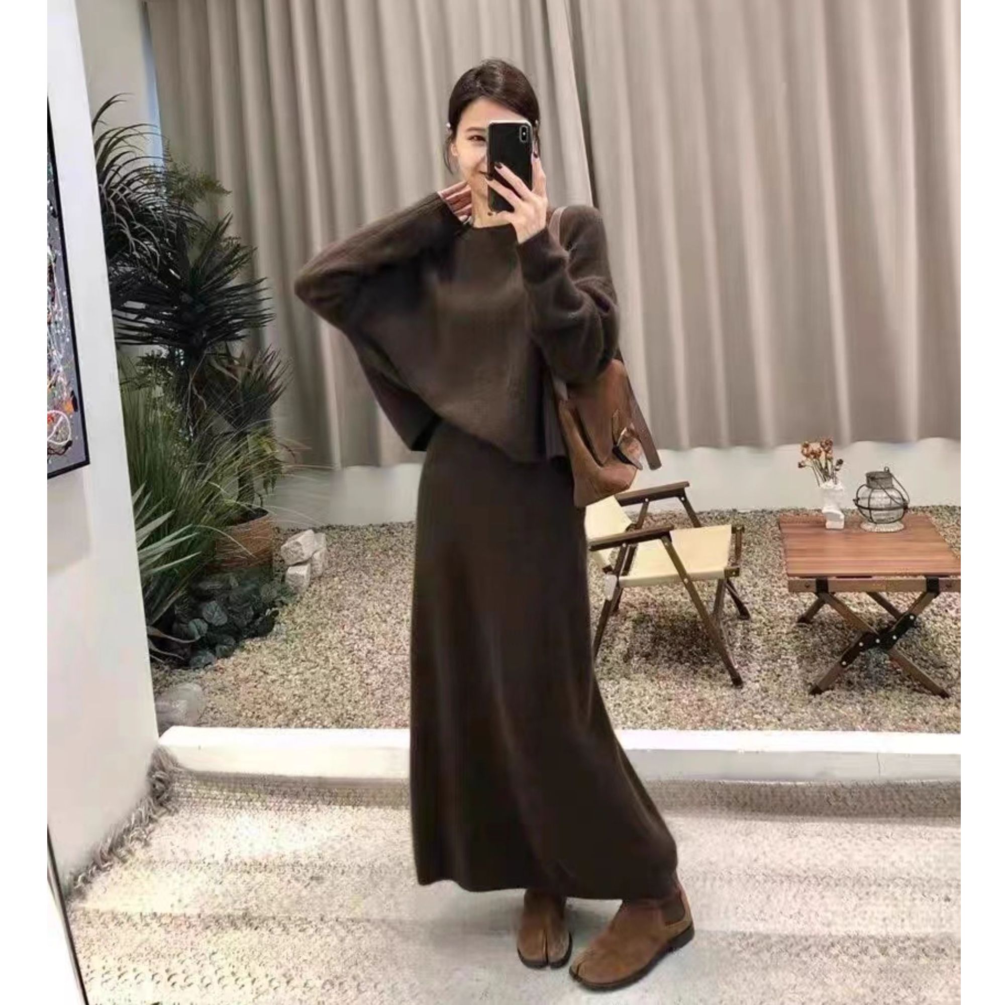 慵懒落肩毛衣套装女2025年秋季新款长袖针织上衣半身裙长裙两件套