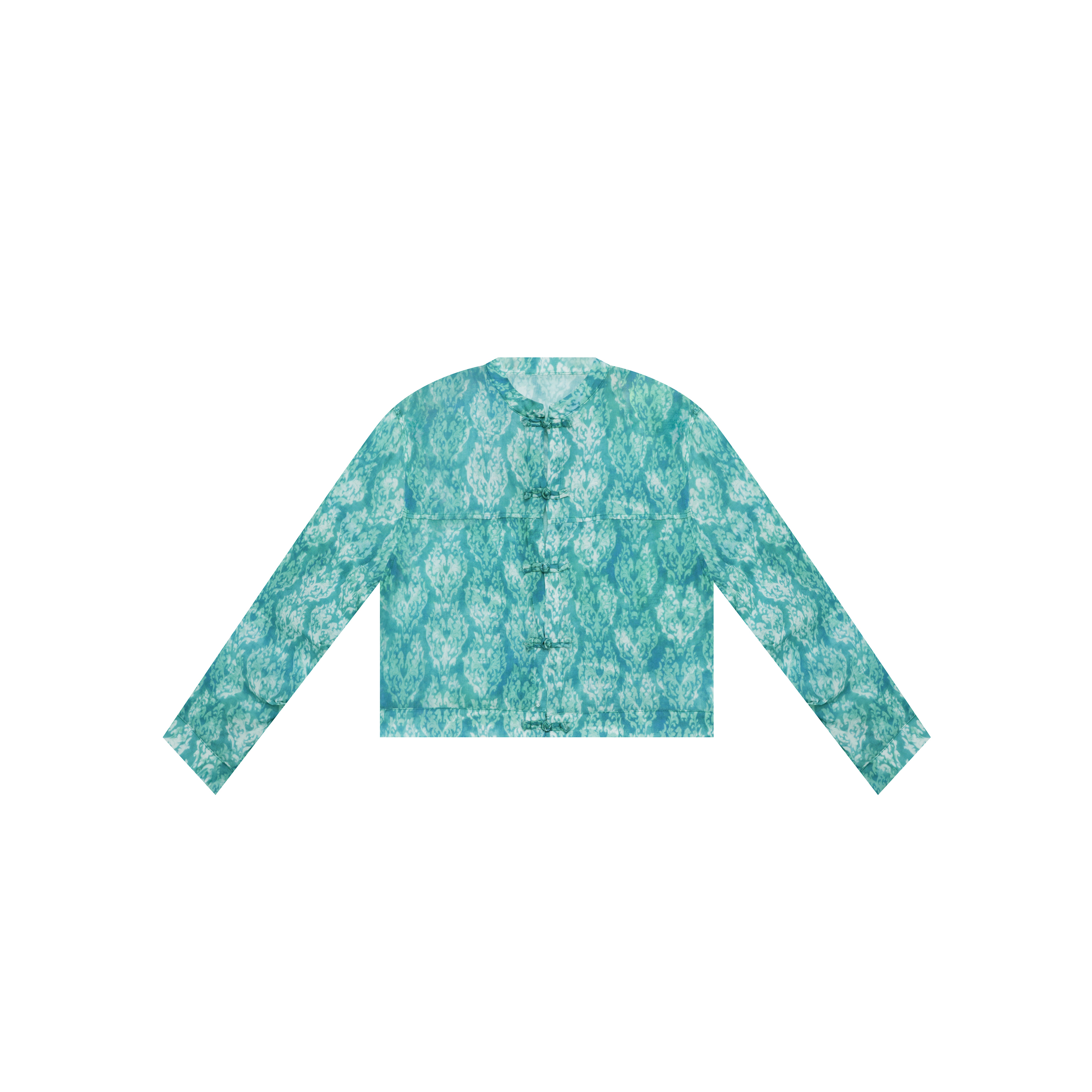 【麻訪家】MF0889蓝绿花文艺简约盘扣百搭长袖开衫上衣