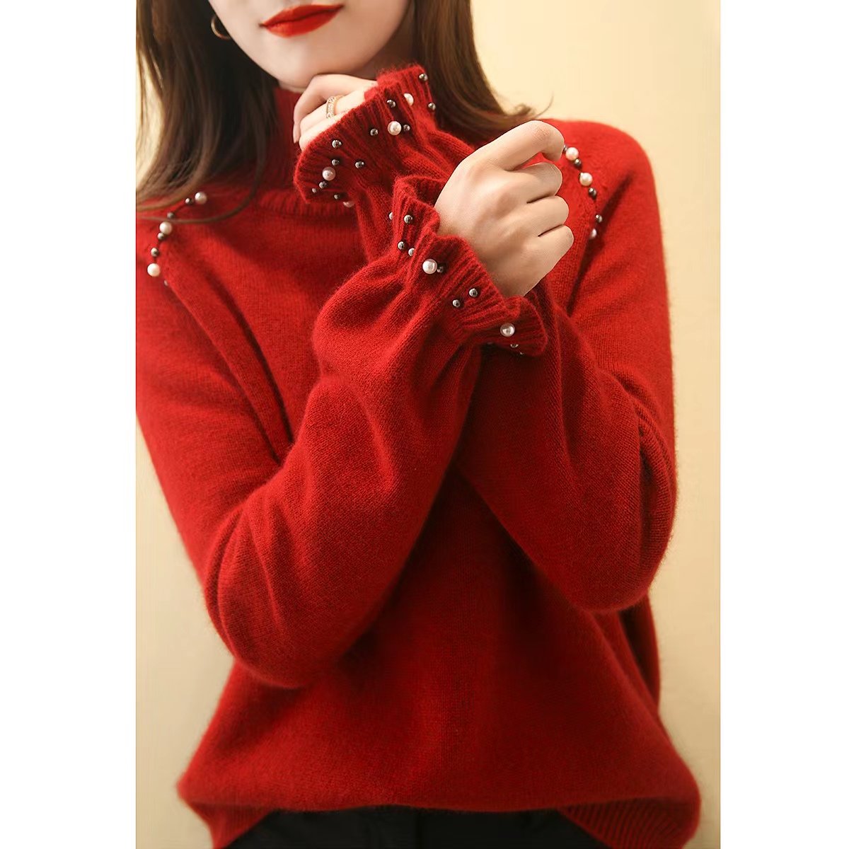 高领毛衣重工钉珠冬装时尚红色针织衫套头宽松设计感温柔风女