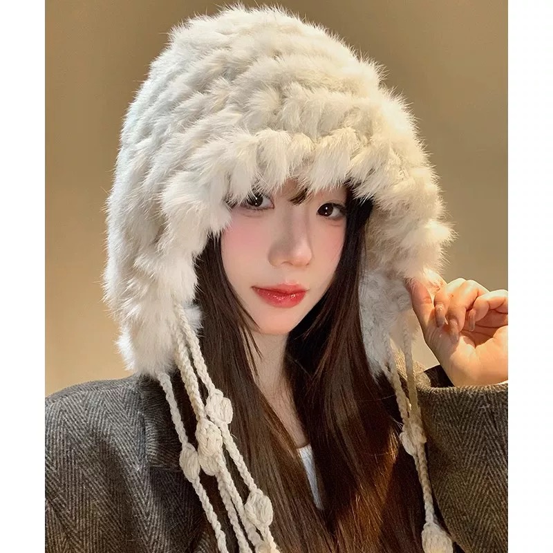 2025新款！手工兔毛流苏毛绒帽女冬季拍照出片保暖护耳毛线帽冷帽