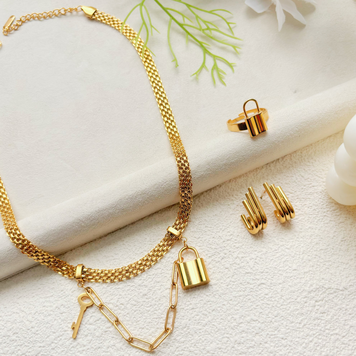 钛钢项链 个性复古编织链锁子设计项链耳环戒指三件套40790