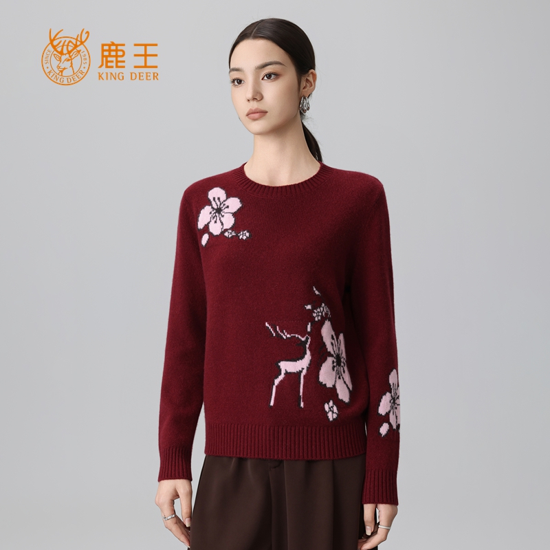 鹿王25秋冬新款女圆领100山羊绒时尚提花针织套衫 加厚 5J7031