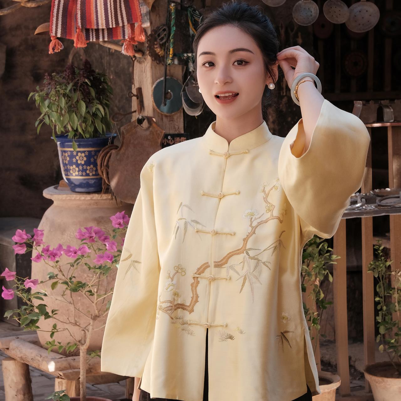 盛唐牡丹手工刺绣梅竹对襟女上衣中式刺绣长外套连袖新中式拜年