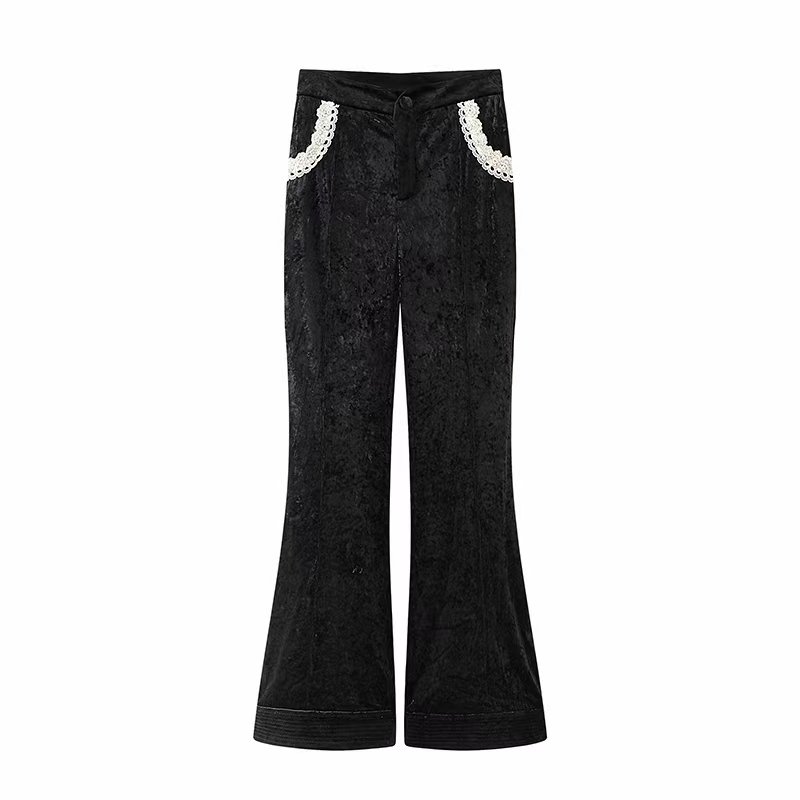 撞色显瘦复古丝绒珍珠喇叭裤