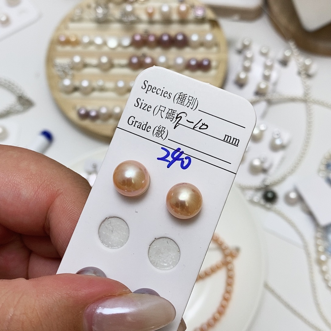 紫***馨香槟金风在吹耳钉9.5m淡水珍珠银S925镶嵌