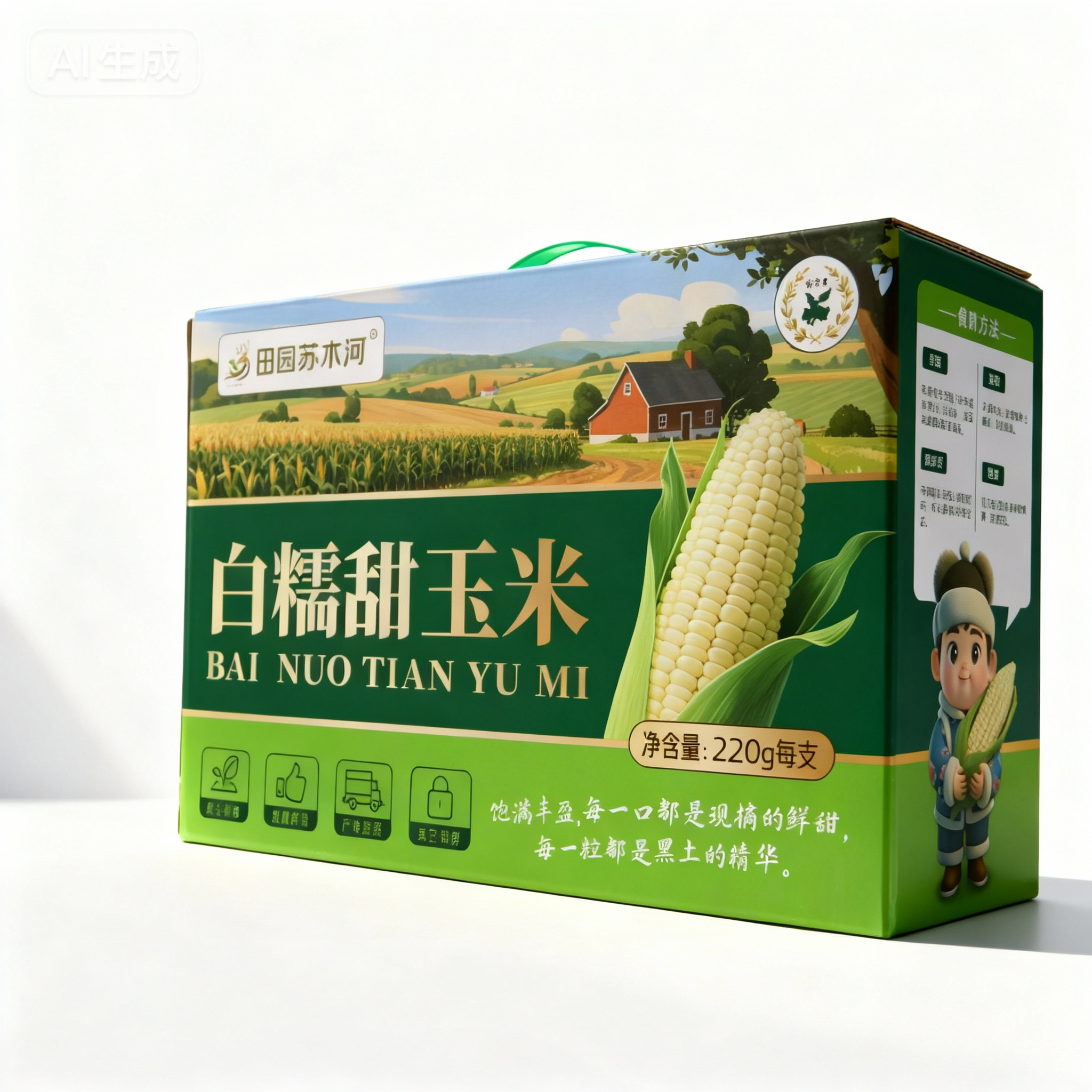 田园苏木河白糯甜玉米（220g*8根)东北鲜甜玉米棒真空包装开袋即食