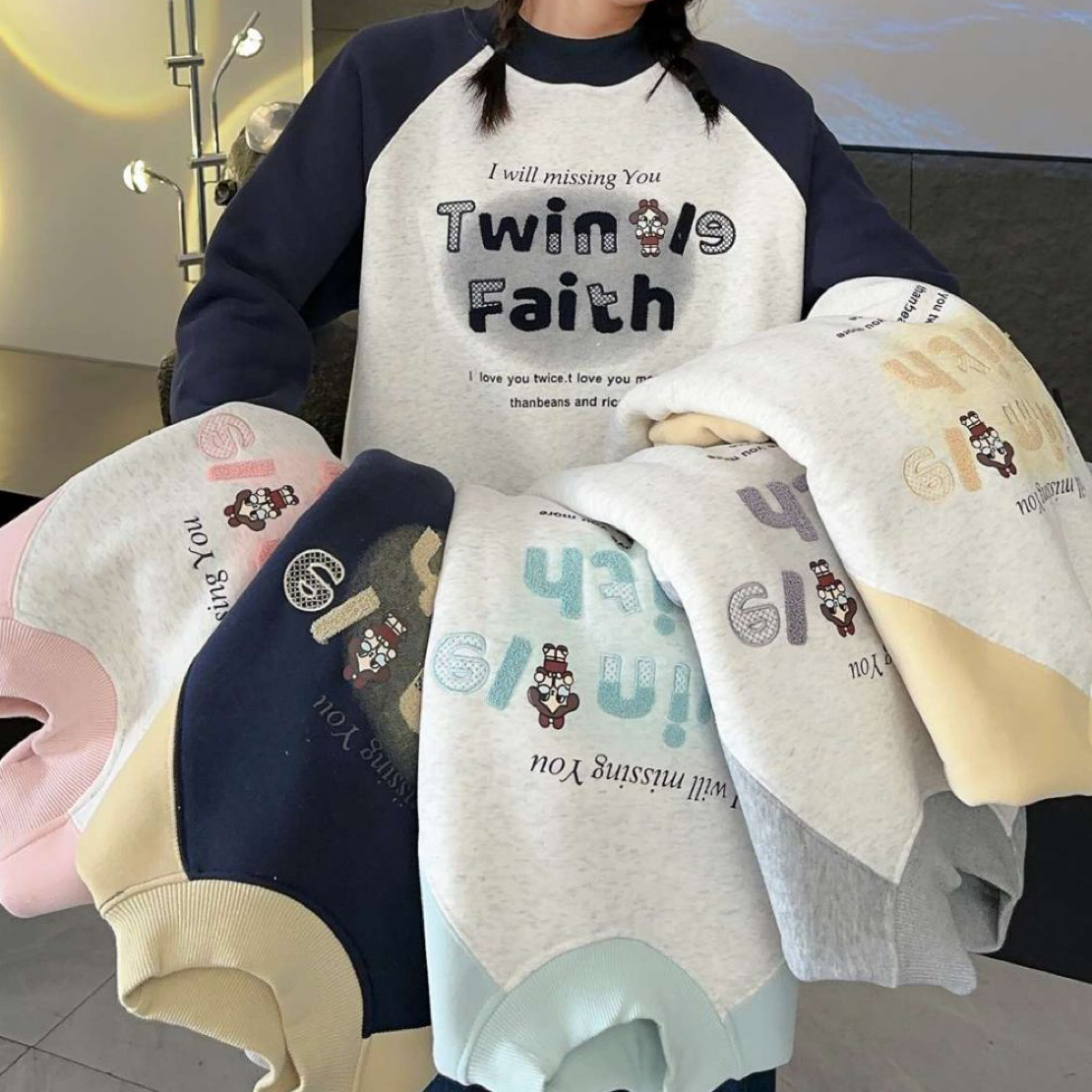 插肩袖 半高领 羊羔绒 加厚加绒字母卫衣 宽松卫衣 