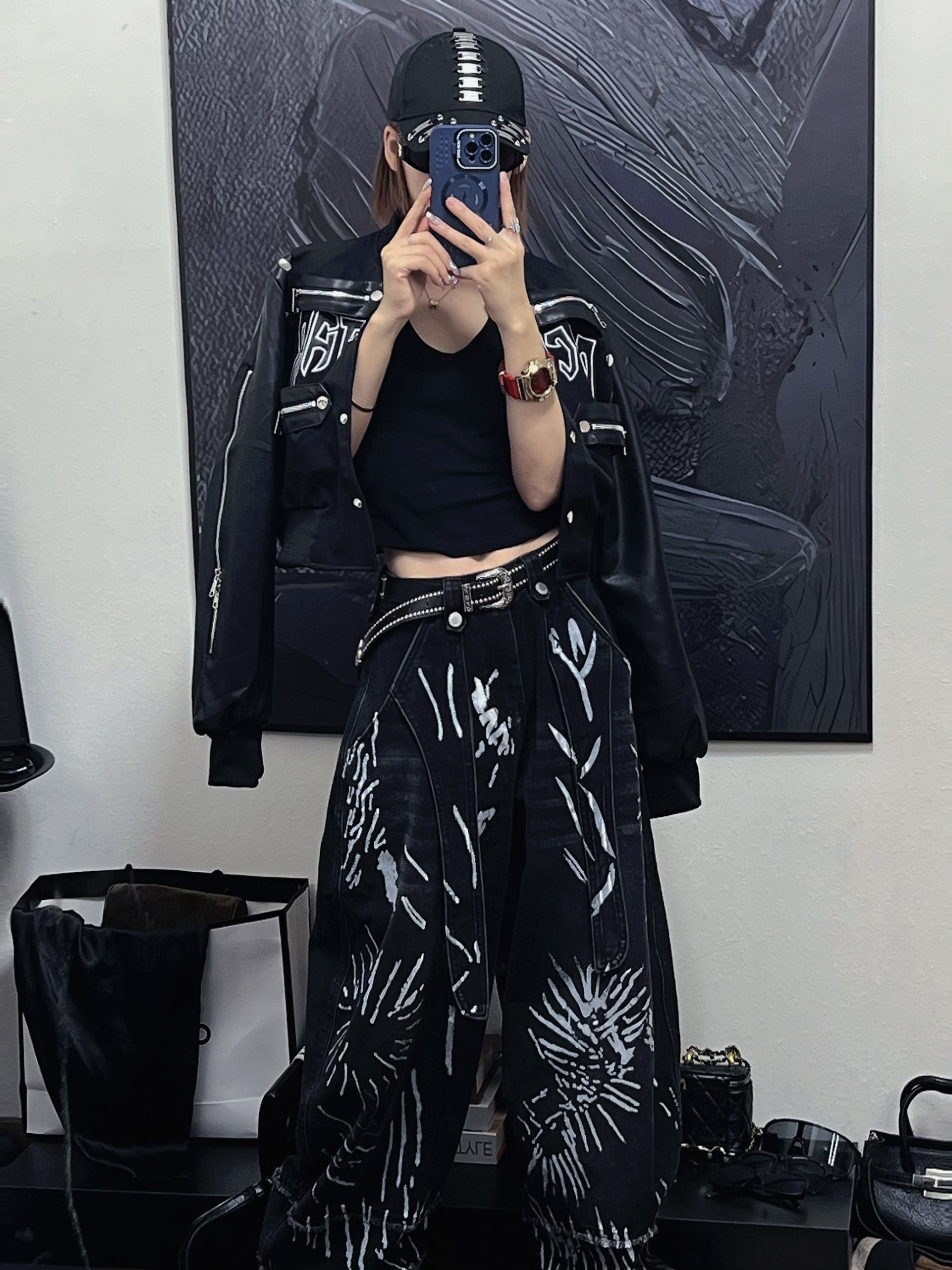 DADA家新款牛仔美式涂鸦复古时尚弯刀阔腿牛仔裤