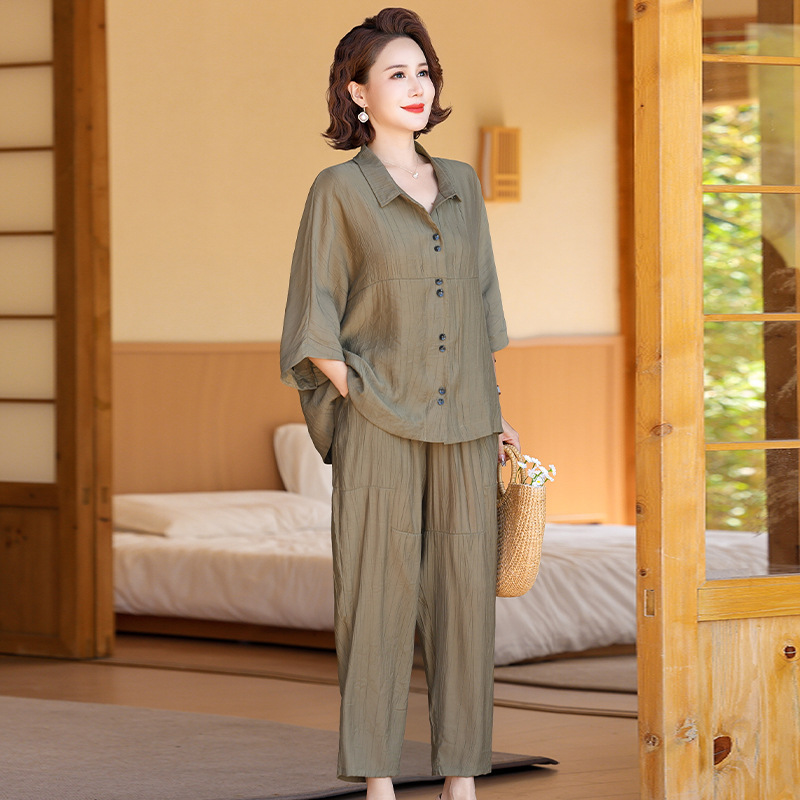 2025新款夏装直筒裤两件套妈妈装翻领衬衫宽松大码中老年女装套装
