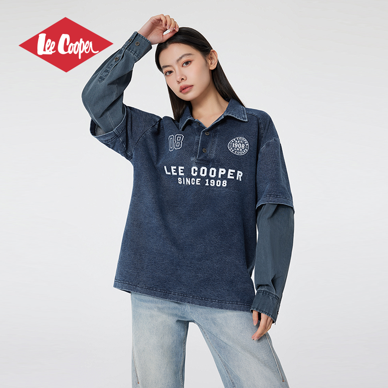 LEE COOPER户外旗舰店潮流假两件衬衫情侣款时尚刺绣拼接长袖宽松