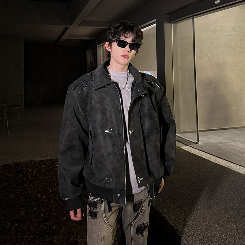 HN潮牌-黑色扎染PU皮夹克棉服加厚冬季外套美式工装棉袄复古外套