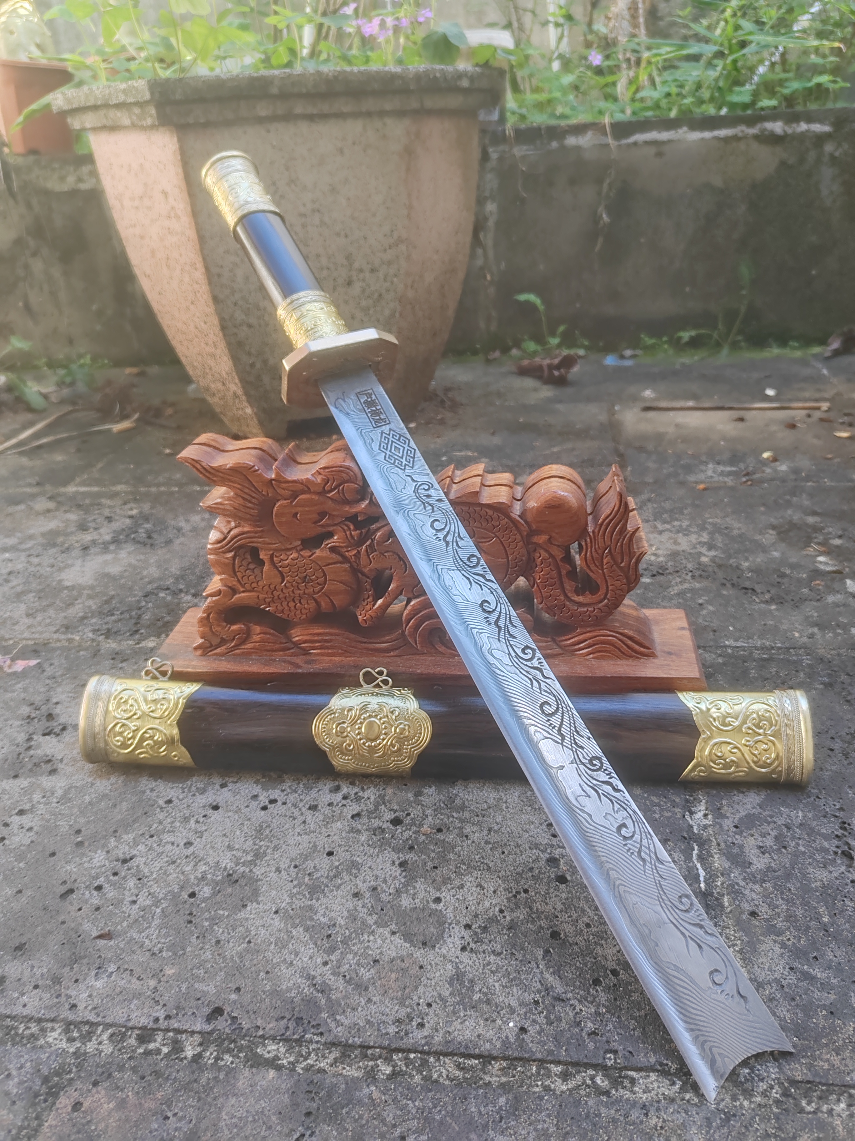 月牙头精装手工锻造大马士革扭转纹户外野外清障露营实用功能柴刀