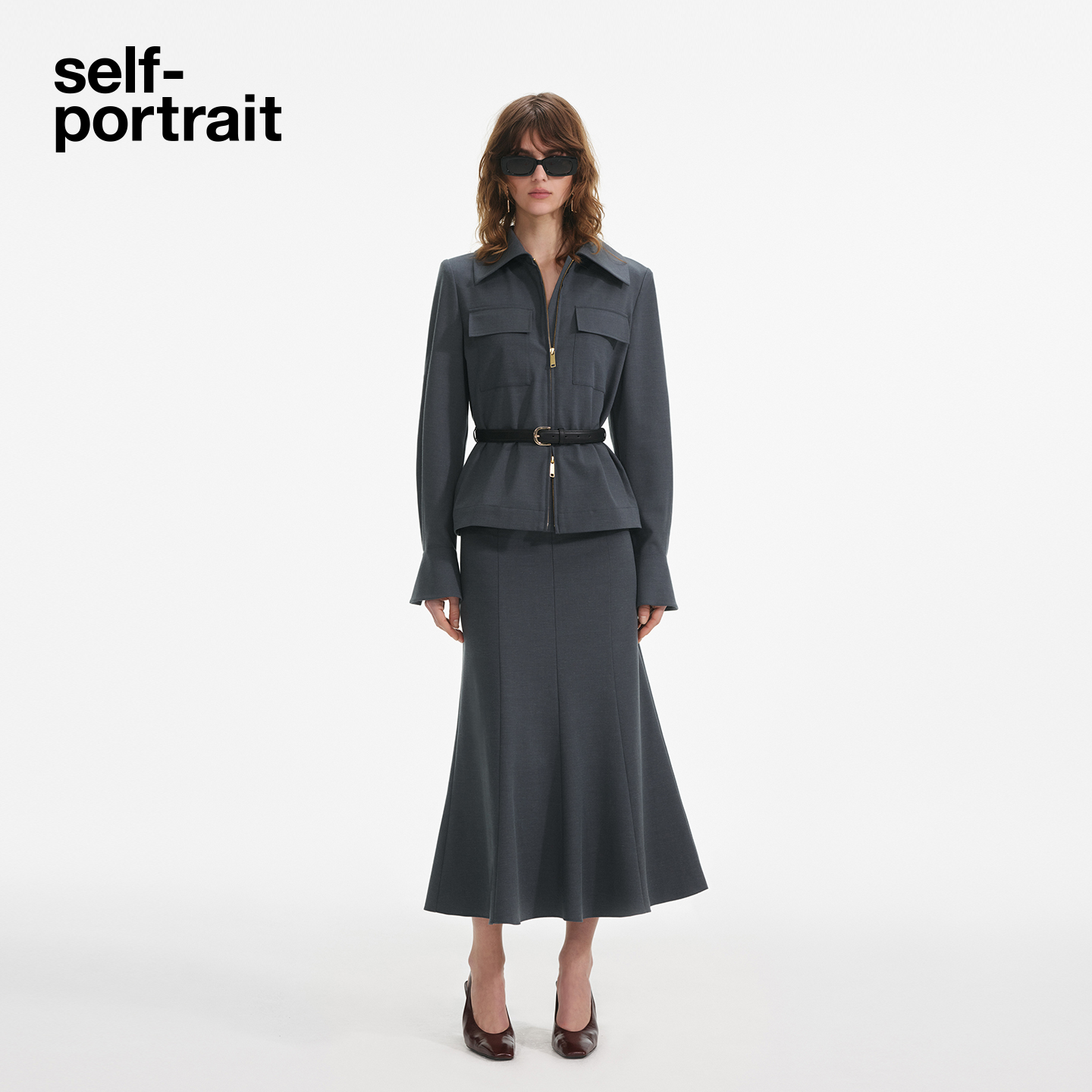 self-portrait 2025早秋新款暗夜灰工装风通勤假两件翻领连衣裙