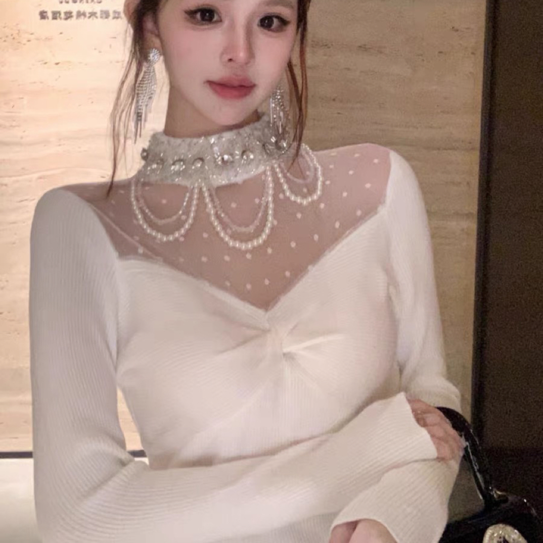 （现货～）名媛重工链条半高领毛衣女修身镂空网纱拼接针织打底上衣