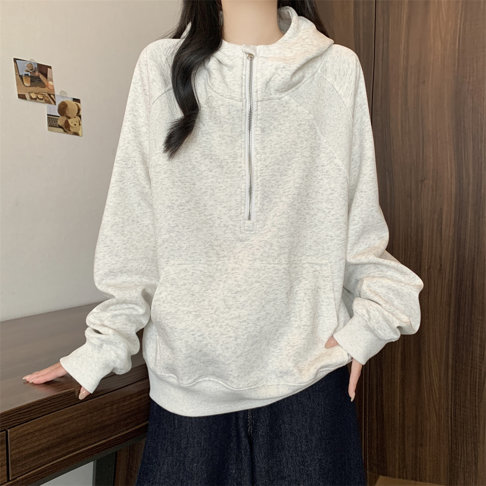 半拉链连帽卫衣女秋冬2025年新款韩系宽松大码慵懒风套头加厚外套