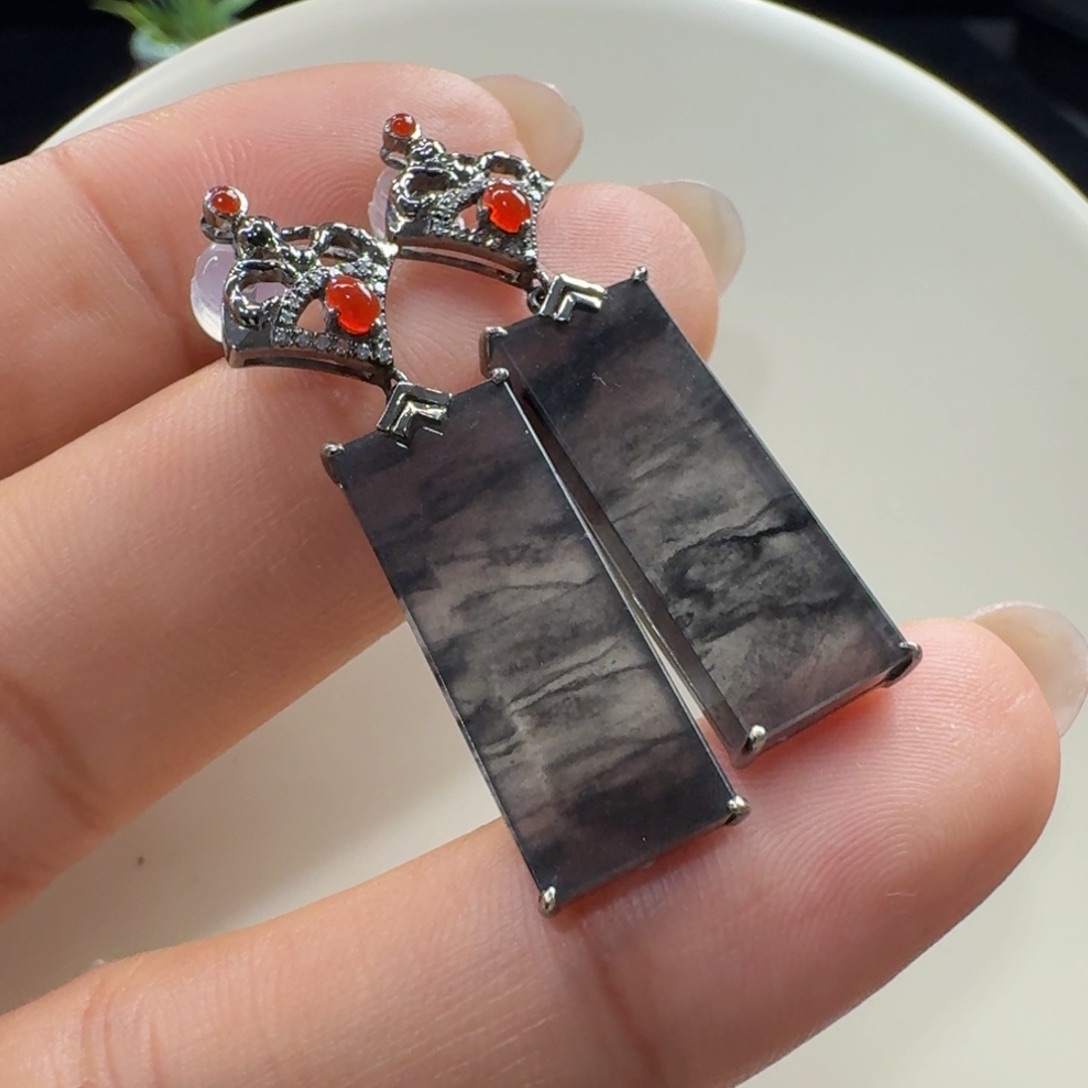 未镶嵌手链翡翠特色高级浑然天成乌鸡水墨画耳饰