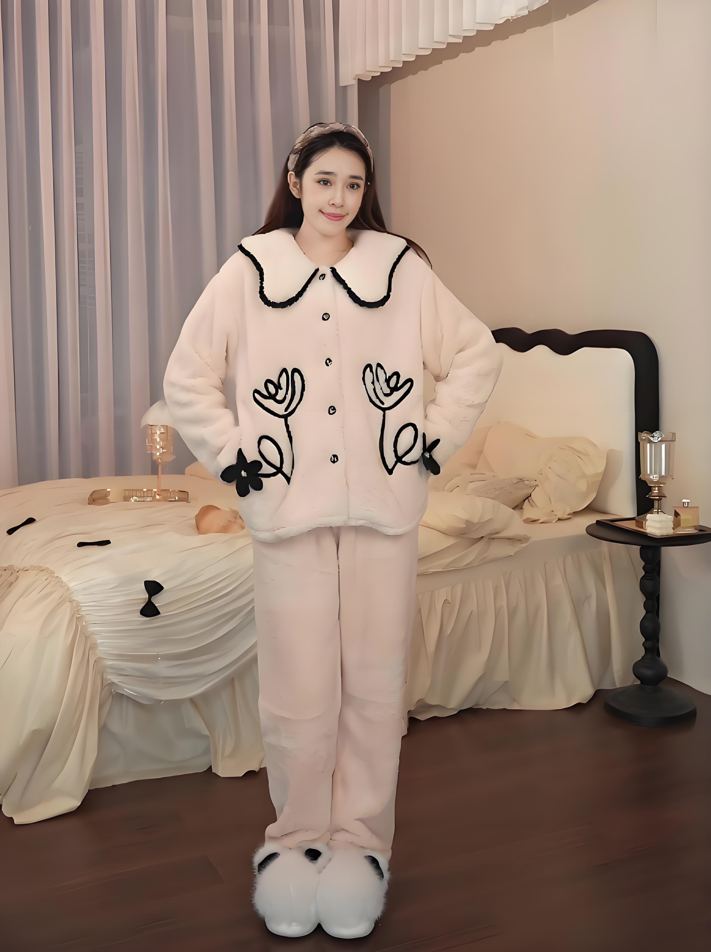 【画弦听雪】保暖柔软舒适女款冬季娃娃领甜美风长袖纯色家居服套装