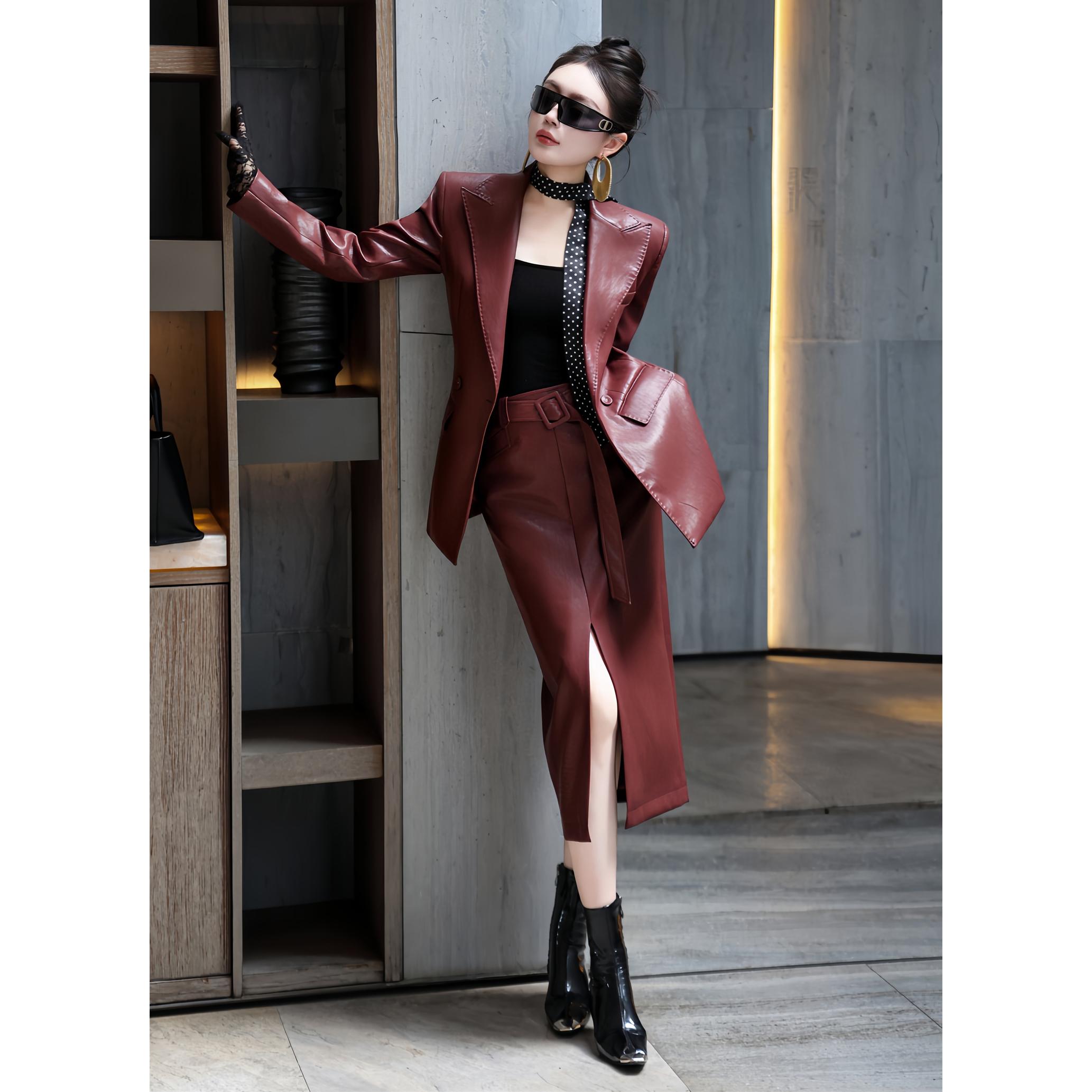 ZEROYK时尚套装2025秋季新款波多尔红蛋白皮收腰西服半身裙两件套
