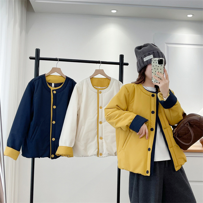 常规胖妹棉服撞色圆领2025秋冬大码棉袄女时尚韩版大码棉衣小众25